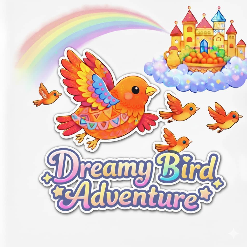 Children’s clothing inspired by a Nigerian folktale, featuring birds, rainbow, cloud castle, and calm nighttime illustrations.