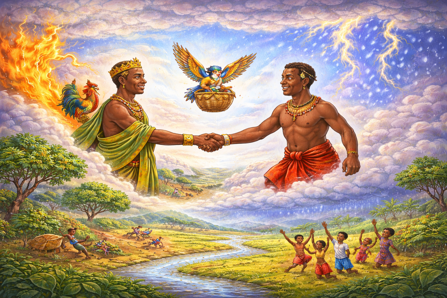 A colourful landscape illustration of two brothers from a West African folktale, one in the sky with fire and clouds, the other on earth with green land, showing rain falling as peace is restored.