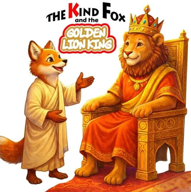 A child friendly illustration of a fox and a king lion inspired by the story of the man who never lied.