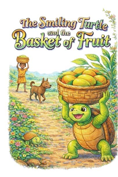 A colorful cartoon of a greedy tortoise struggling to carry a huge basket of yams on his back, while a cheerful dog walks ahead safely under the warm sun, with a Nigerian village farm in the background.