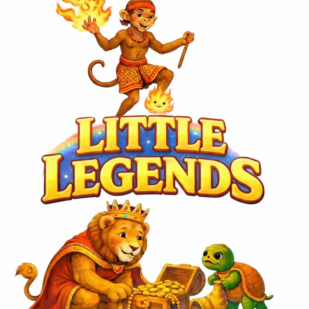 A colourful landscape illustration of two brothers from a West African folktale, one in the sky with fire and clouds, the other on earth with green land, showing rain falling as peace is restored.