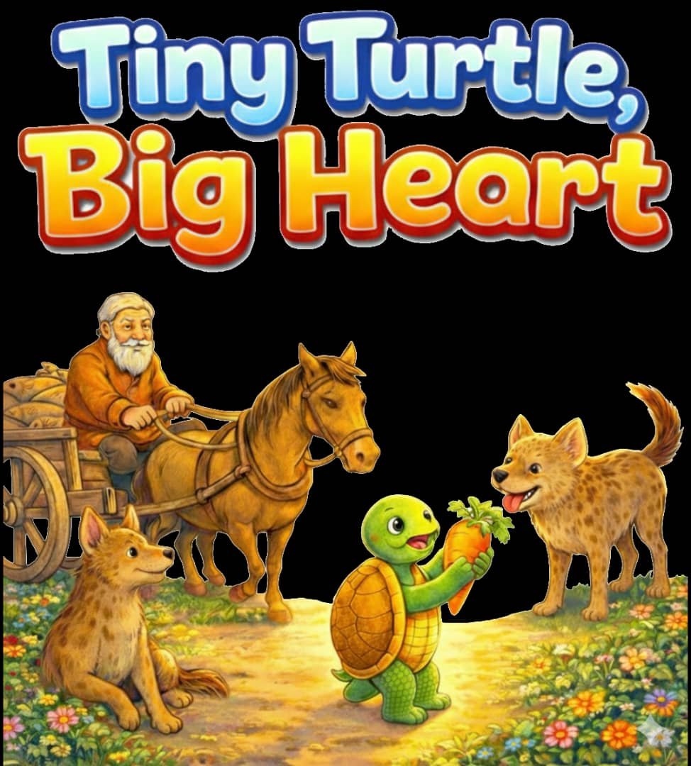 Colorful illustration for a children’s story titled Tiny Turtle, Big Heart. A small green turtle holding a large carrot smiles at two friendly, spotted dogs. Behind them, an elderly man with a white beard drives a horse-drawn cart filled with goods along a flower-lined dirt path. The scene is bright, cheerful, and playful, capturing a warm, storybook atmosphere.